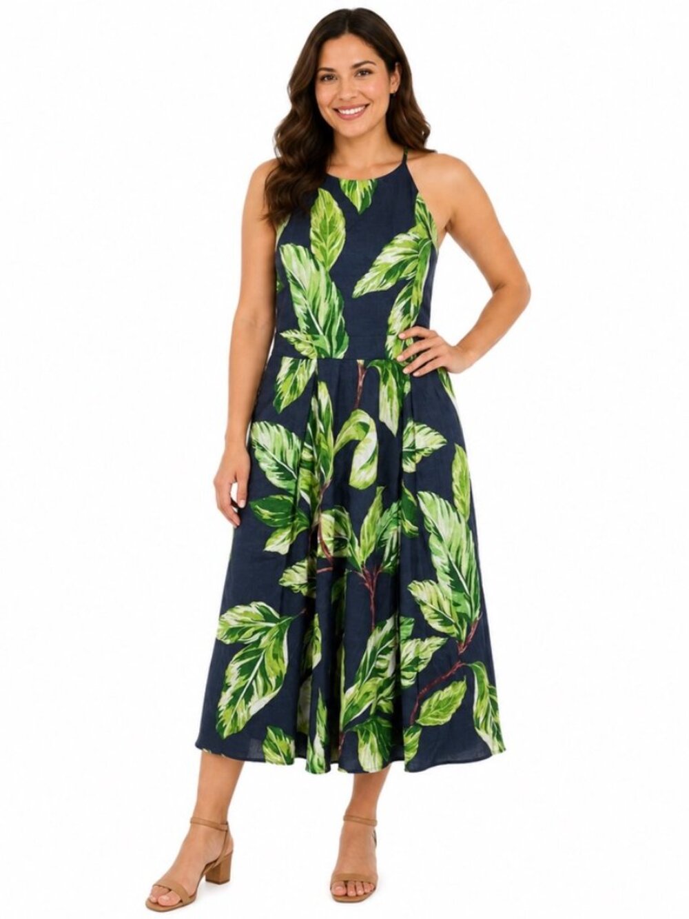 Ann Taylor Dress Womens Size 14 48 Long Navy Green Tropical Leaf Print Maxi